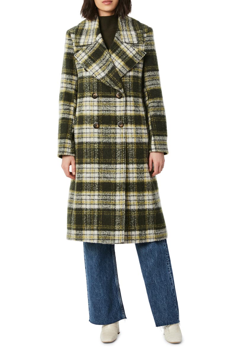 Plaid Double Breasted Wool Blend Coat, Main, color, GREEN PLAID