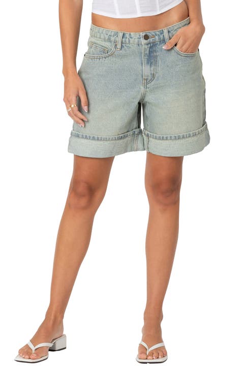 Cuff Washed Denim Bermuda Shorts