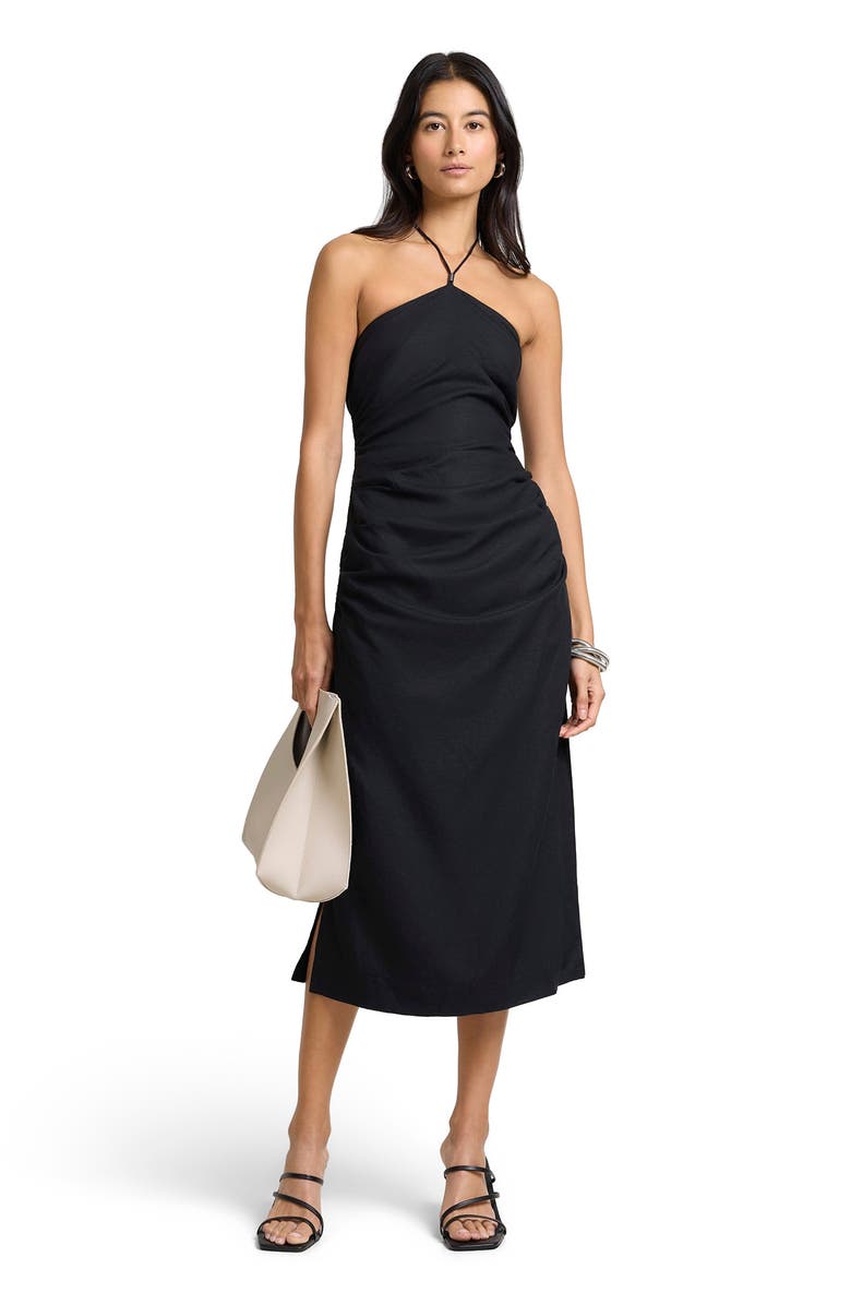 Onia Air Linen Ruched Halter Dress, Main, color, Black