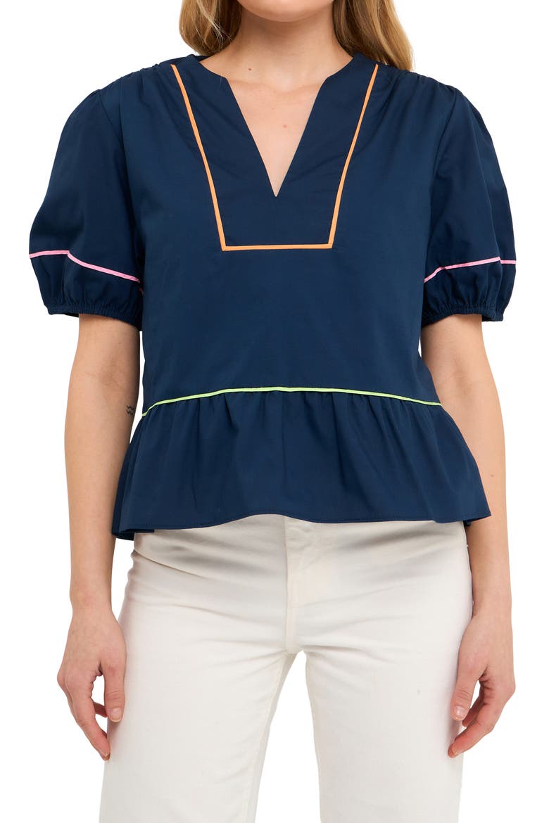 Piping Detail Puff Sleeve Top, Main, color, NAVY