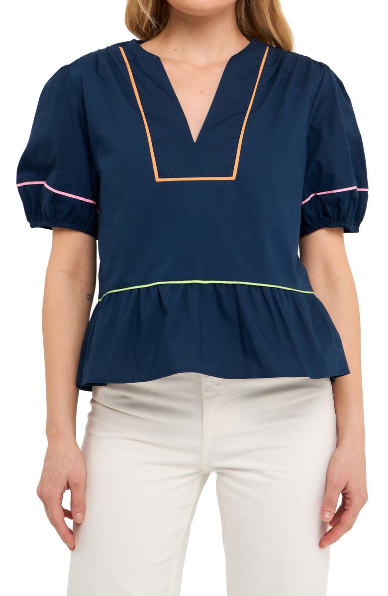 English Factory Piping Detail Puff Sleeve Top, Main, color, 