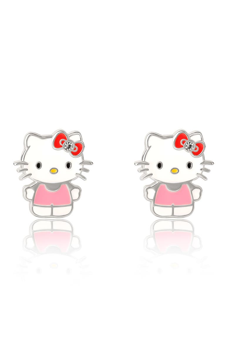 Hello Kitty Light Pink Shirt Crystal Stud Earrings, Alternate, color, Silver, White