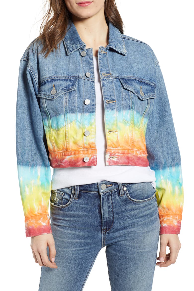 Tie Dye Hem Crop Denim Jacket, Main, color, BLOW THE BAG