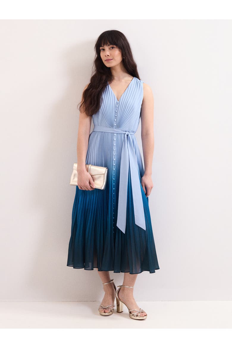 Mira Pleated V-Neck Midi Dress, Main, color, Blue