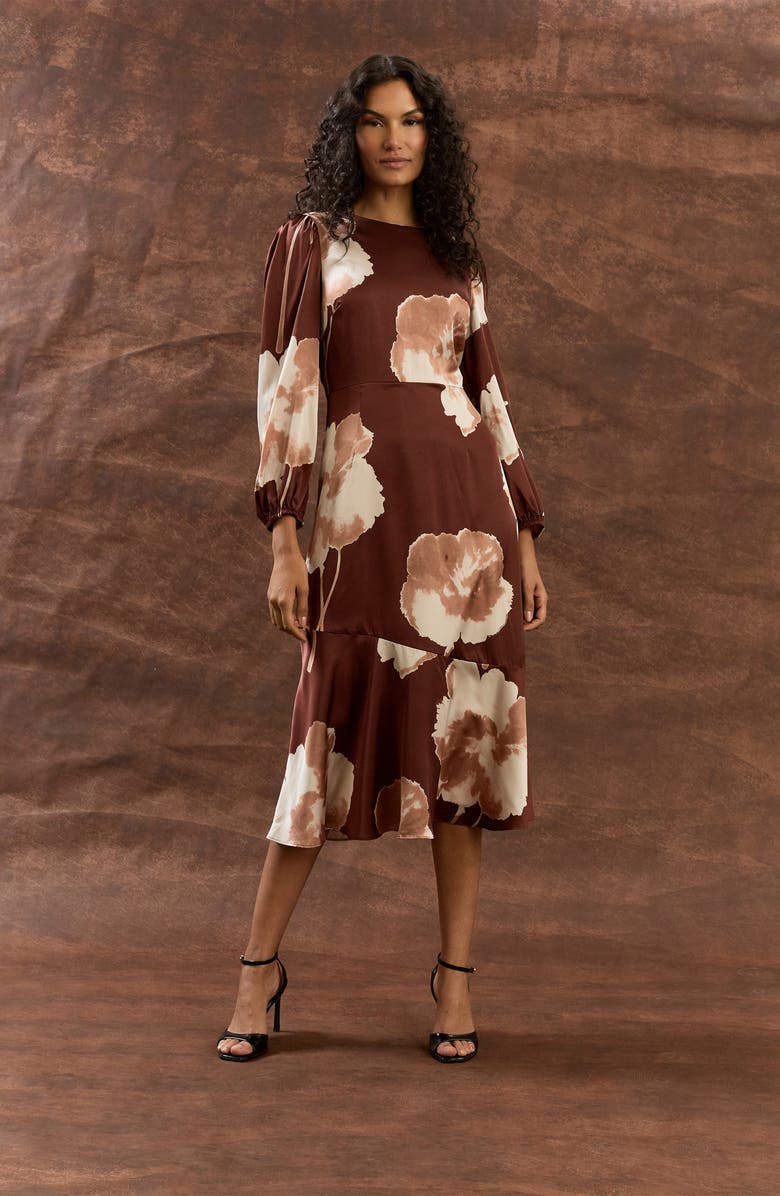 Maggy London Floral Long Sleeve Midi Dress, Alternate, color, Brown/ Beige