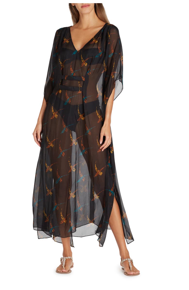 VALIMARE Florence Maxi Sheer Silk blend Cover-up Kaftan, Main, color, Black