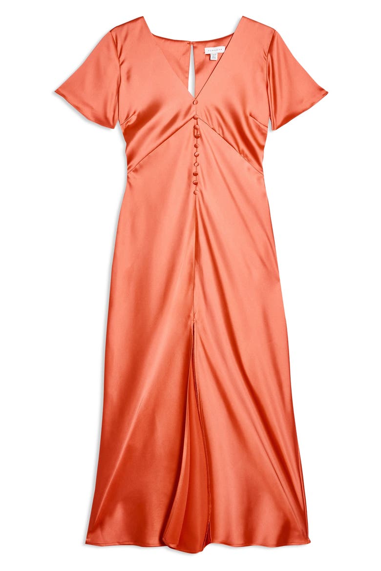 Angel Sleeve Bias Cut Satin Midi Dress, Alternate, color, CORAL