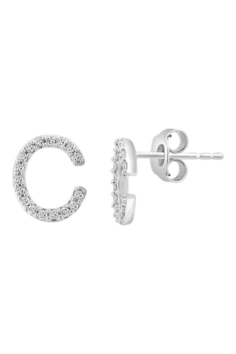 Sterling Silver Diamond 'C' Initial Stud Earrings, Main, color, SILVER