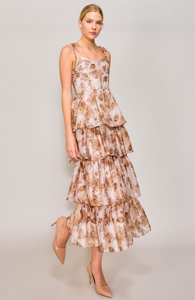 MELLODAY Floral Tiered Corset Cocktail Dress, Alternate, color, Taupe Print