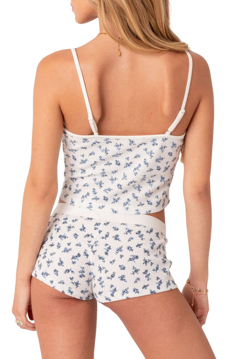 EDIKTED Pamper Floral Waffle Crop Camisole, Alternate, color, White