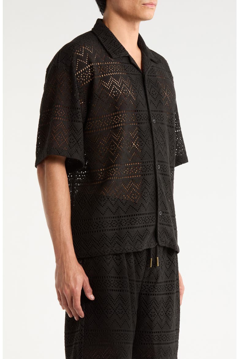 Pointelle Crochet Button-Up Camp Shirt, Alternate, color, BLACK