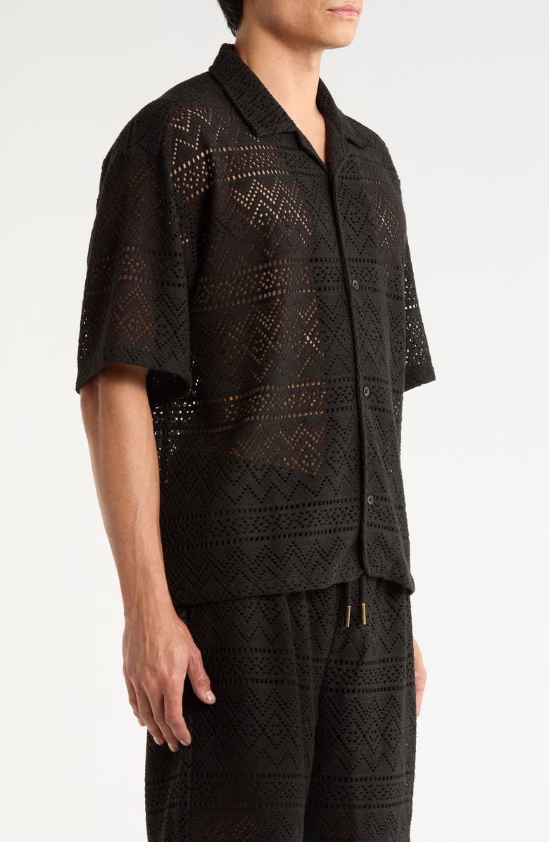 HONOR THE GIFT Pointelle Crochet Button-Up Camp Shirt, Alternate, color, Black