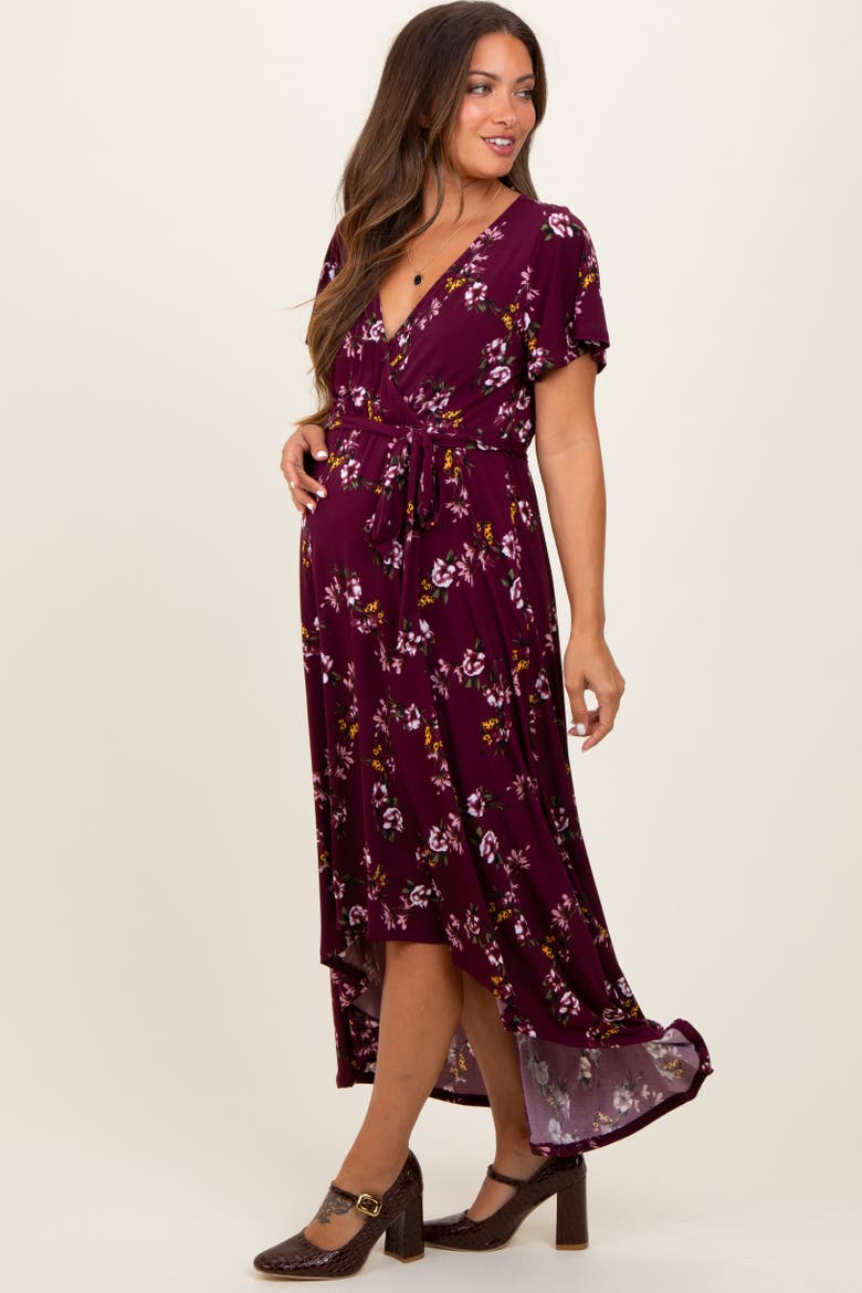 Floral Short Sleeve Wrap Hi-Low Maxi Dress, Alternate, color, Burgundy