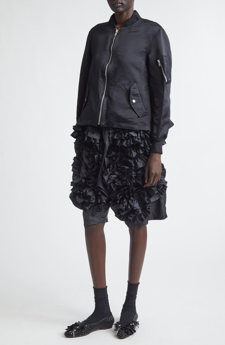 Comme des Garçons Comme des Garçons Ruffle Hem Satin Bomber Jacket, Alternate, color, Black