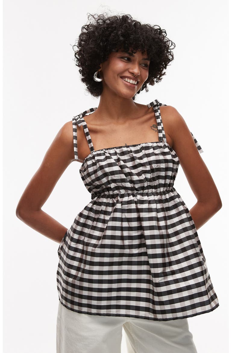 Check Taffeta Babydoll Top, Main, color, BLACK MULTI