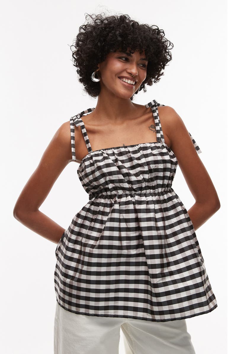 Topshop Check Taffeta Babydoll Top, Main, color, Black Multi