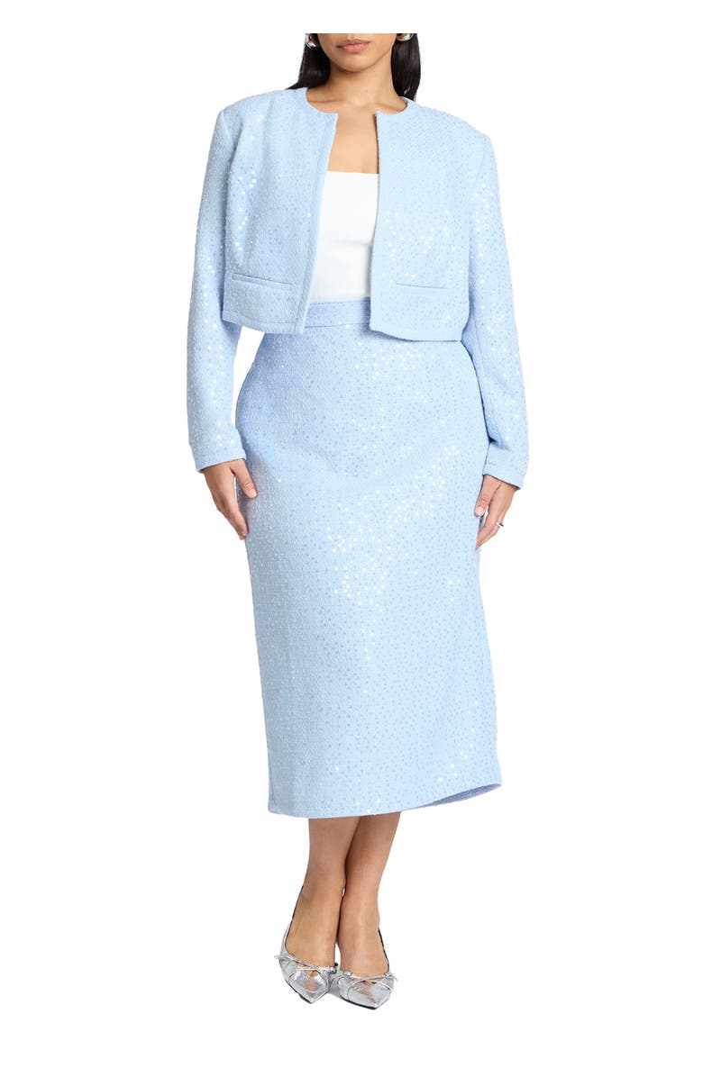 ELOQUII Sequin Tweed Midi Skirt, Main, color, Light Blue