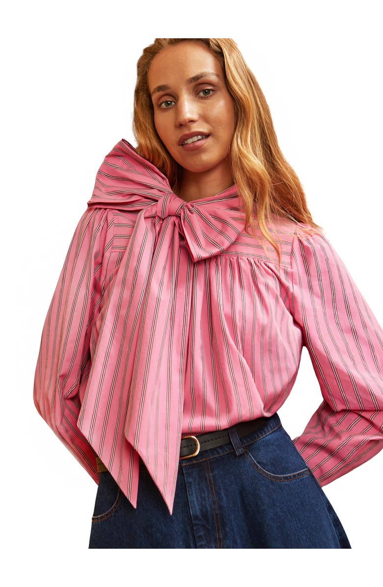 Ro&Zo Striped Long Sleeve Bow Detail Blouse, Main, color, Pink