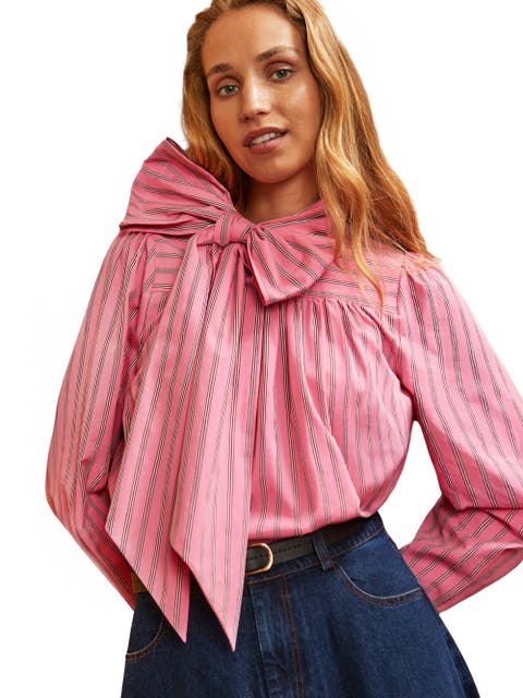 Striped Long Sleeve Bow Detail Blouse
