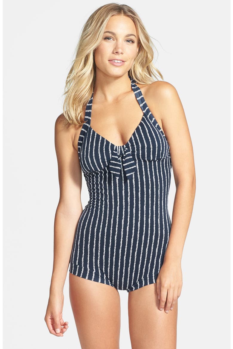 'Retro' Tie Front Maillot, Main, color, INDIGO
