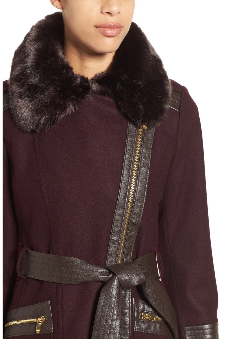 Faux Leather & Faux Fur Trim Belted Wool Blend Coat, Alternate, color, OLD WINE