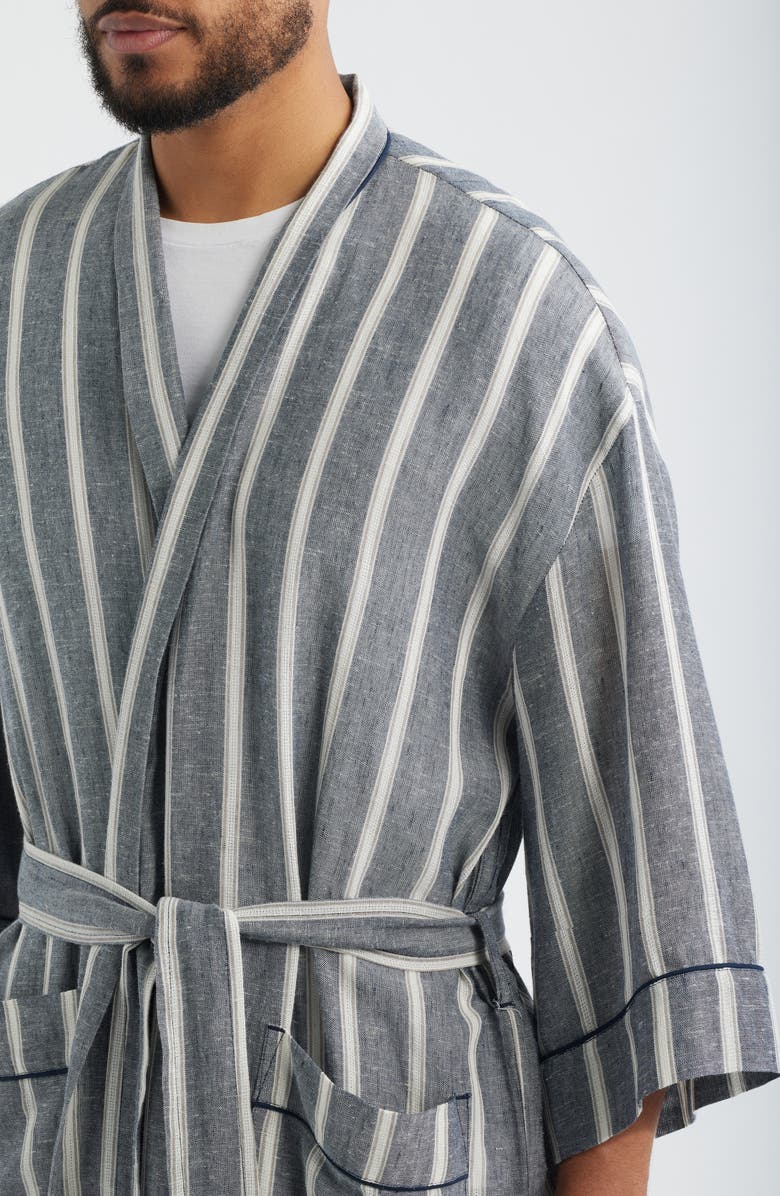 Majestic International Textured Retreat Stripe Shawl Collar Woven Cotton Robe, Alternate, color, Navy/ Beige