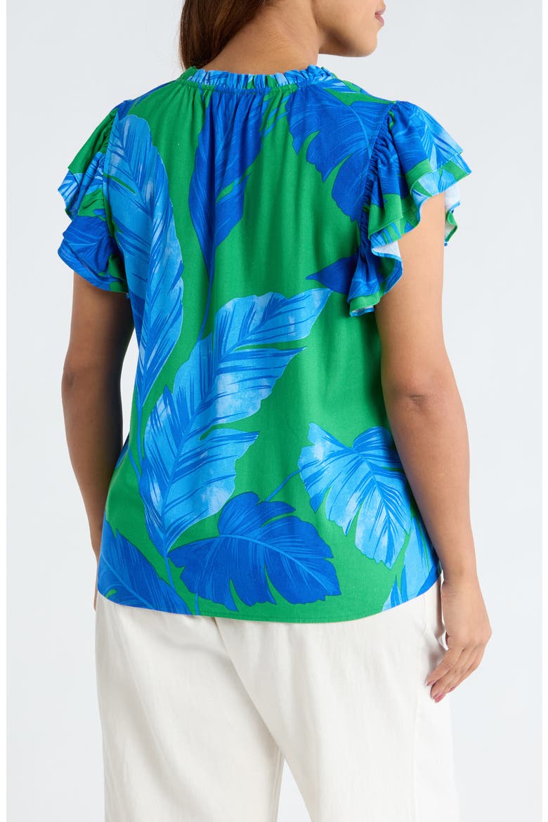 Risette Flutter Sleeve Split Neck Top, Alternate, color, GREEN-BLUE