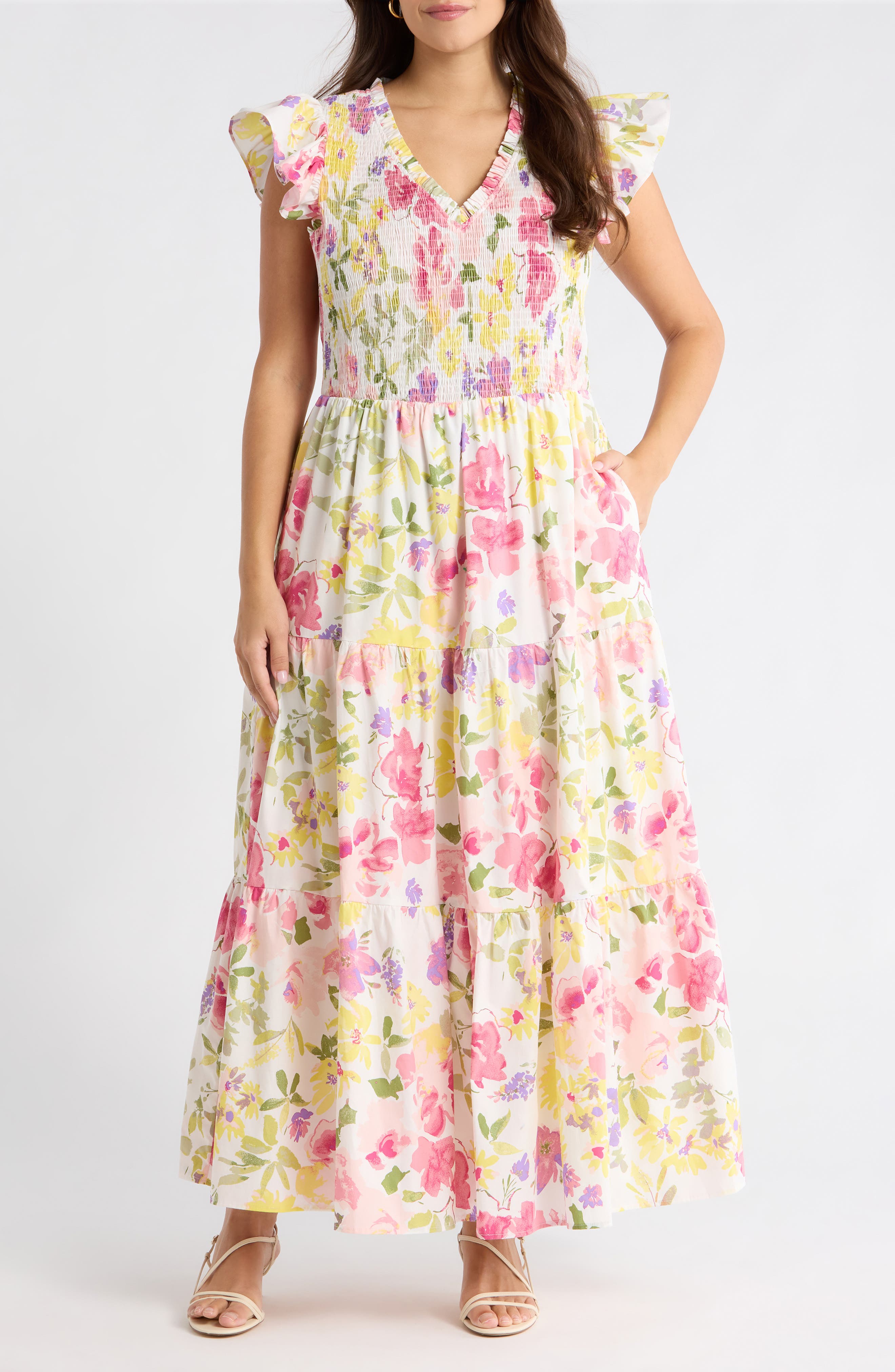 Leonie Floral Sunfire Tiered Midi Dress