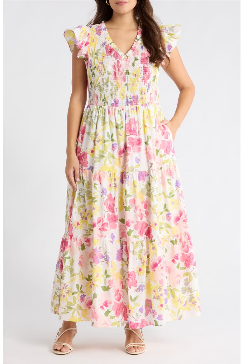 Leonie Floral Sunfire Tiered Midi Dress, Main, color, BLUSH-YELLOW