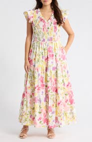 SUGARLIPS Leonie Floral Sunfire Tiered Midi Dress