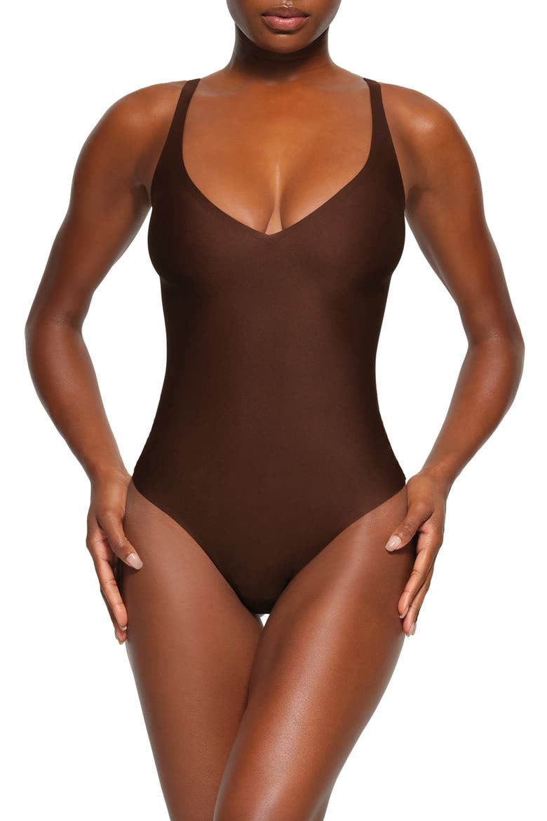 Unlined Plunge Thong Bodysuit, Main, color, COCOA