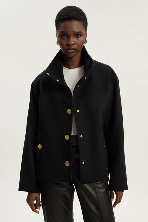 Brushed Wool Funnel Neck Tailored Coat