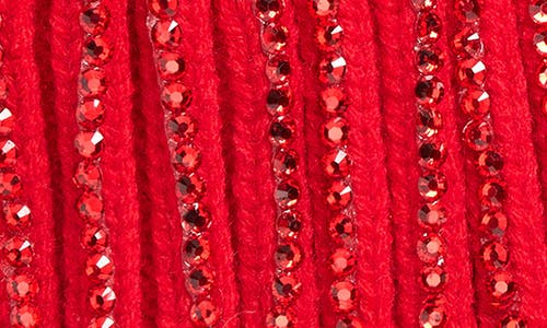 Natasha Faux Fur Pompom & Stone Beanie In Red