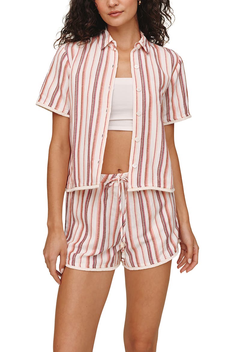 Stripe Frayed Short Sleeve Linen Blend Button-Up Shirt, Alternate, color, SUNSET STRIPE