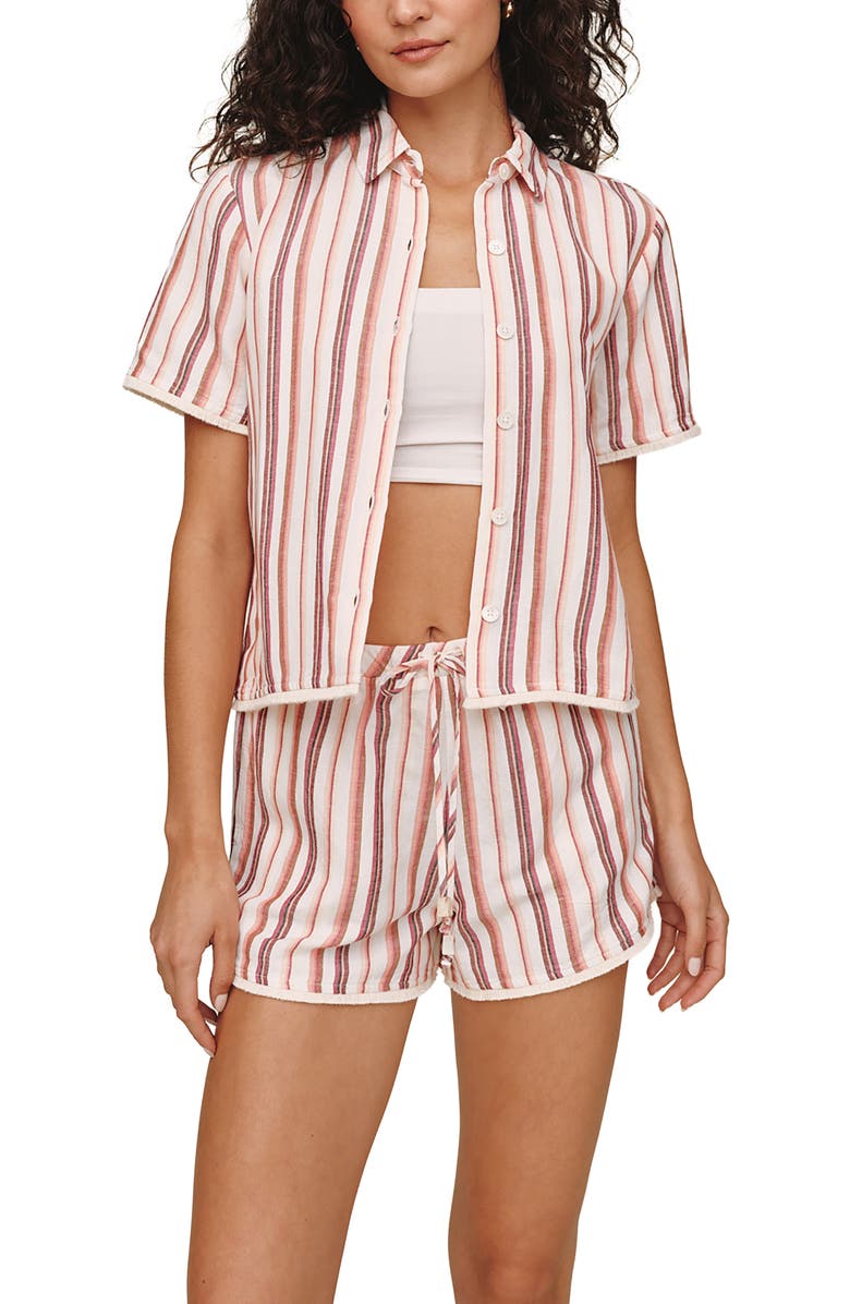 Bella Dahl Stripe Frayed Short Sleeve Linen Blend Button-Up Shirt, Alternate, color, Sunset Stripe