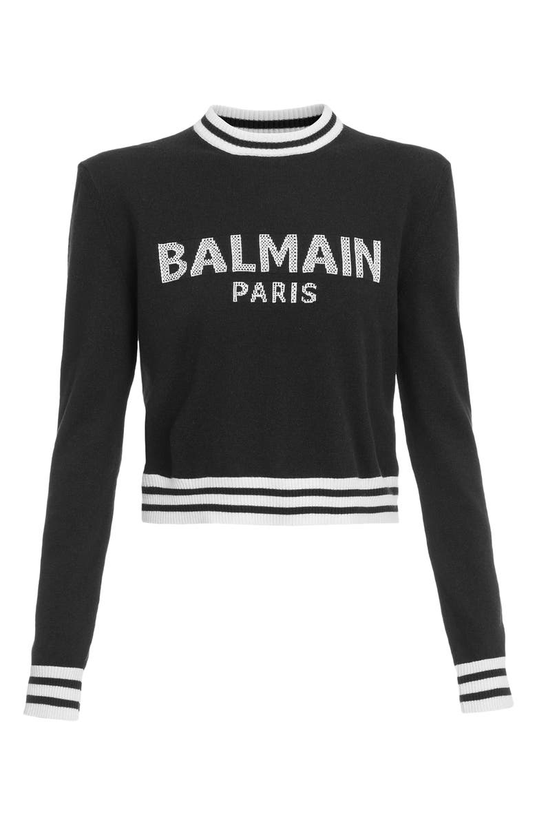 Balmain Intarsia Logo Wool & Cashmere Blend Crop Sweater, Alternate, color,