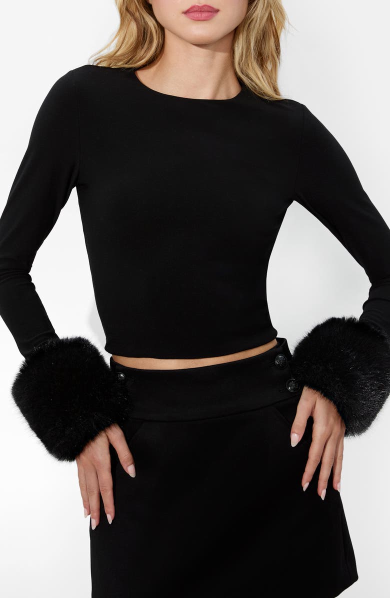 Alice + Olivia Delaina Jersey Crop Top with Removable Faux Fur Cuffs, Main, color, 