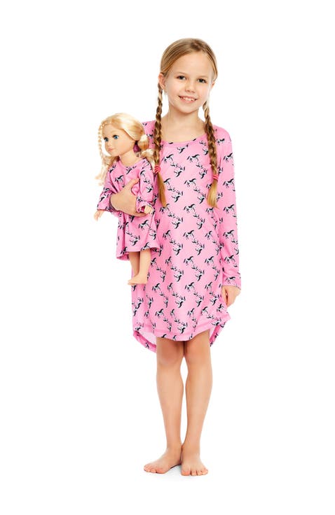Girls Long Sleeve Nightgown with Matching Doll Nightgown, Printed Design