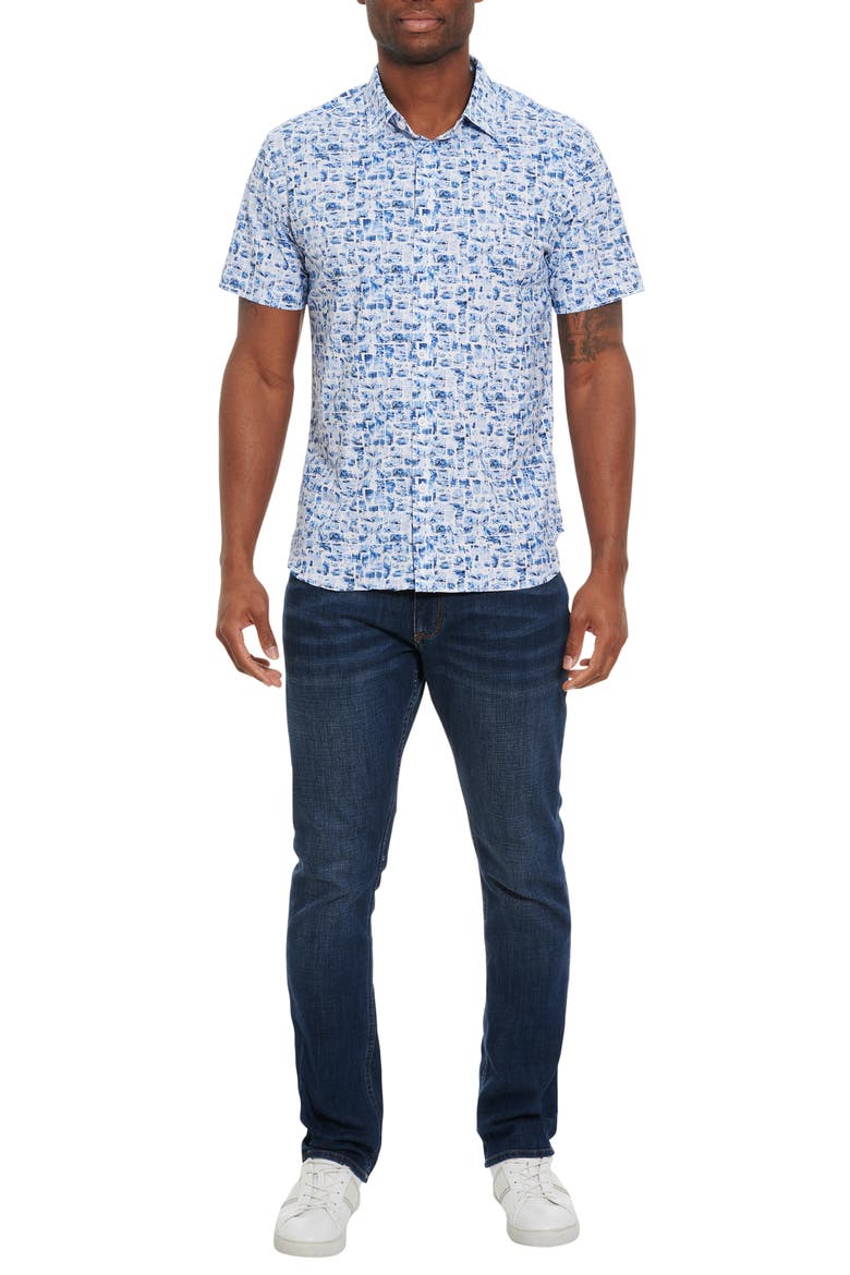 Maddox Cubist Short Sleeve Button-Up Performance Shirt, Alternate, color, BLUE