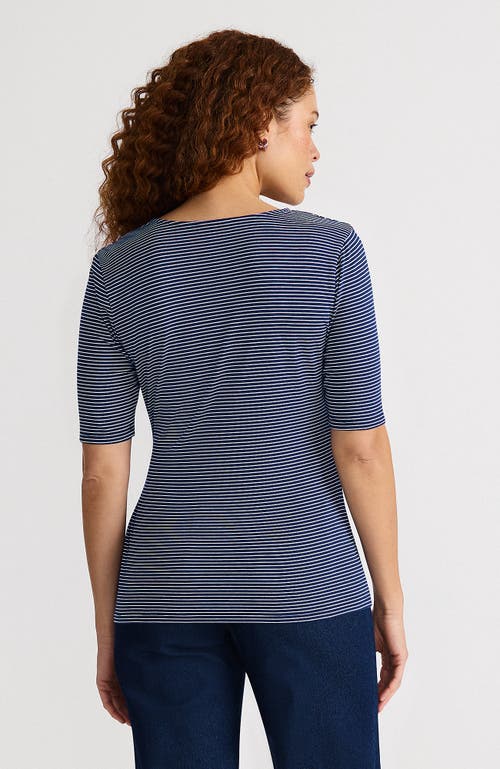 Lands' End Elbow Sleeve Lightweight Jersey Side Tie Blouse In Deep Sea Navy Tiny Stripe