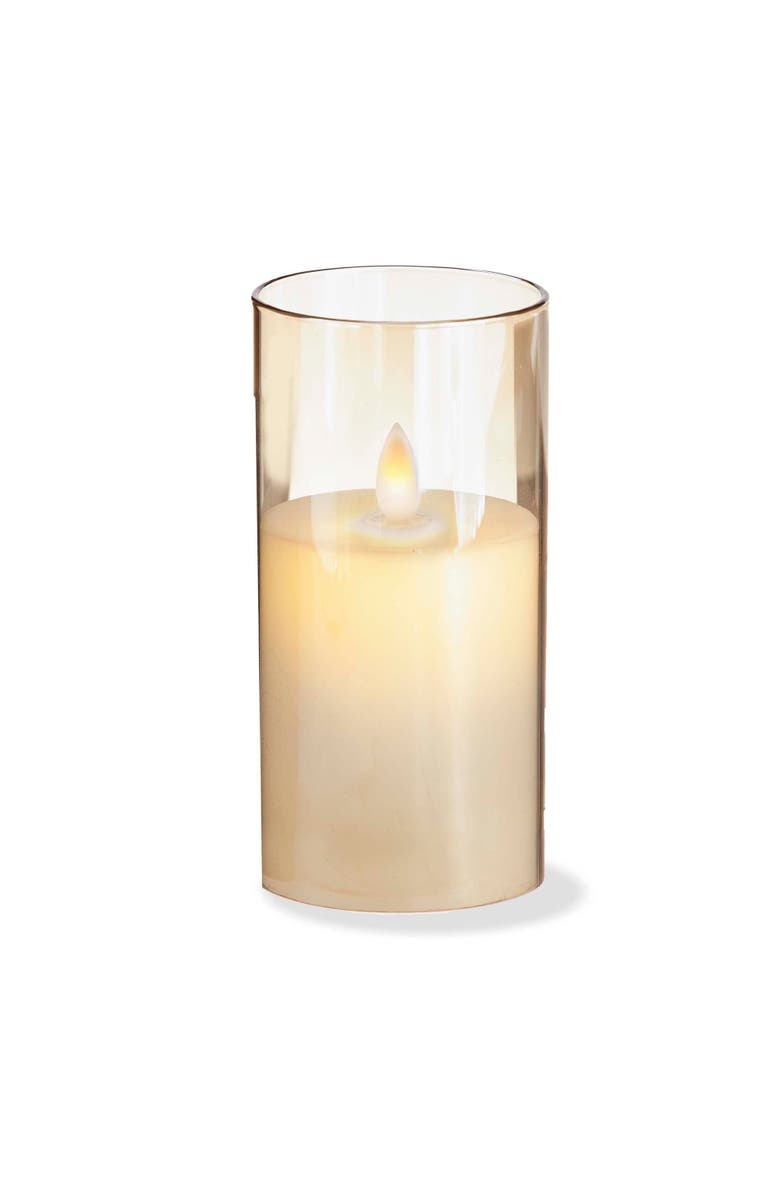 tag Estella Amber Glass Hurricane with Flameless Candle Lantern, Main, color, Brown