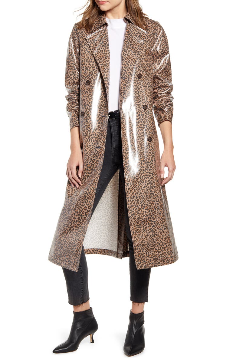 Something Navy Leopard Print Water Resistant Coated Trench Coat, Main, color,