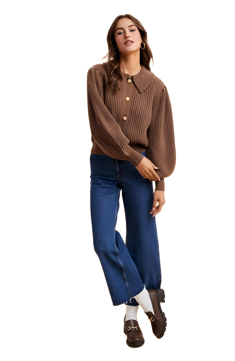 Knit and Lounge Classic Ribbed Button-Up Cardigan with Structured Collar, Alternate, color, 