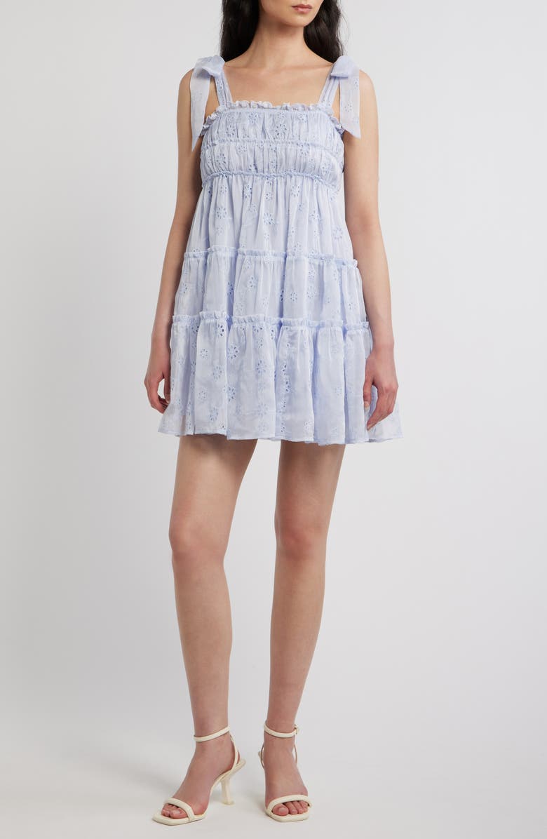 All in Favor Tiered Eyelet Mini Sundress, Main, color, Light Blue