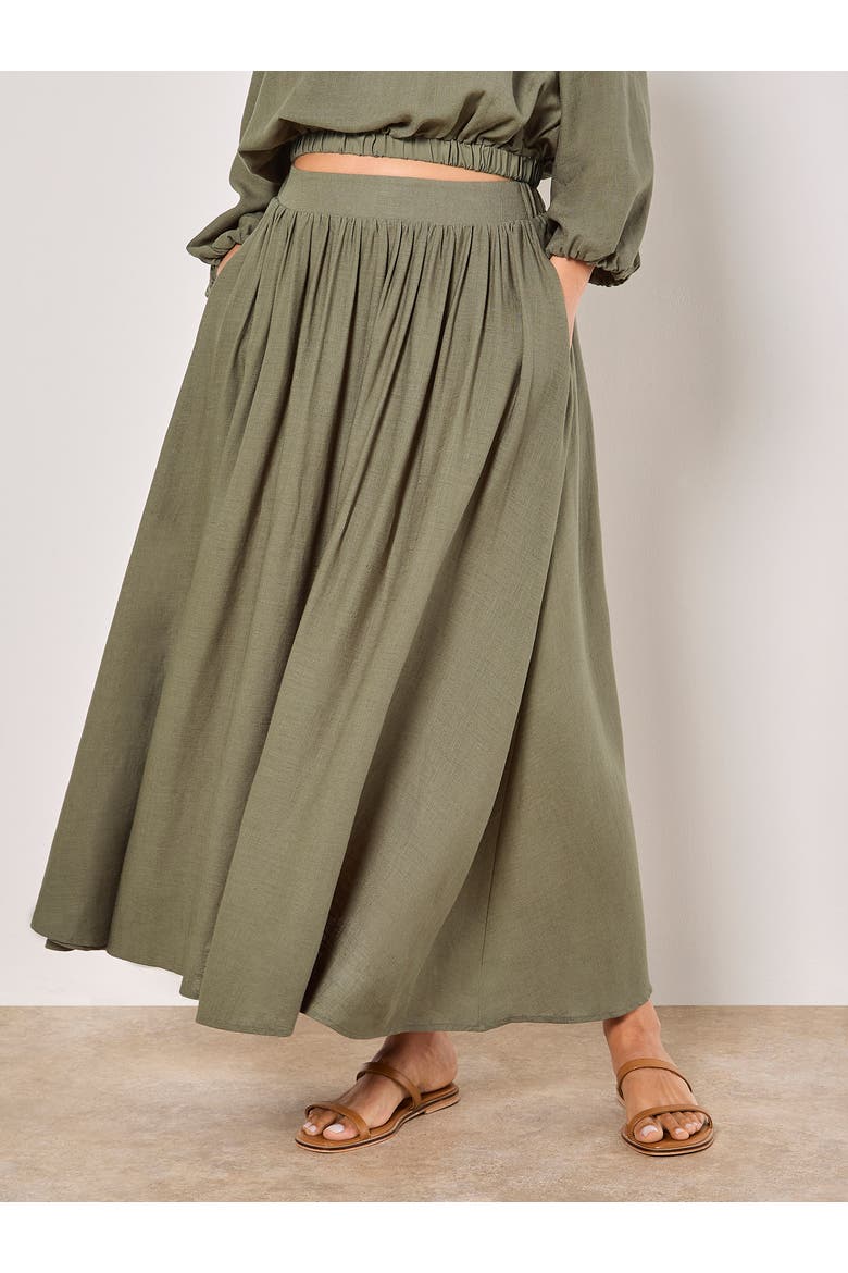 Linen Pleated Full Midi Skirt, Alternate, color, Khaki