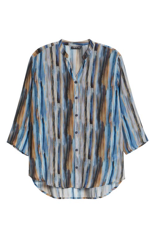 Apny Stripe Three Quarter Sleeve Cupro Blend Button-up Shirt In Light Blue Multi