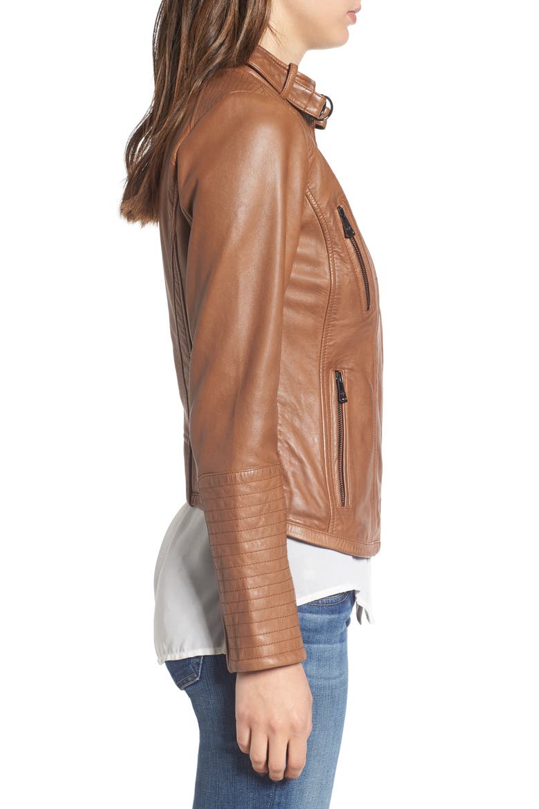 Zip Front Leather Biker Jacket, Alternate, color, NEW COGNAC