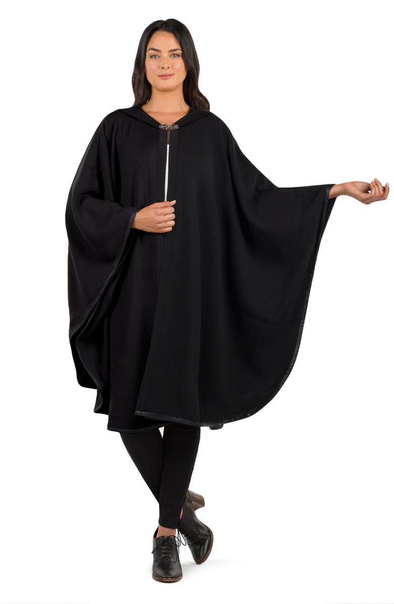 Patricia Nash Hooded Faux Leather Trim Cable Knit Cape, Alternate, color, Black