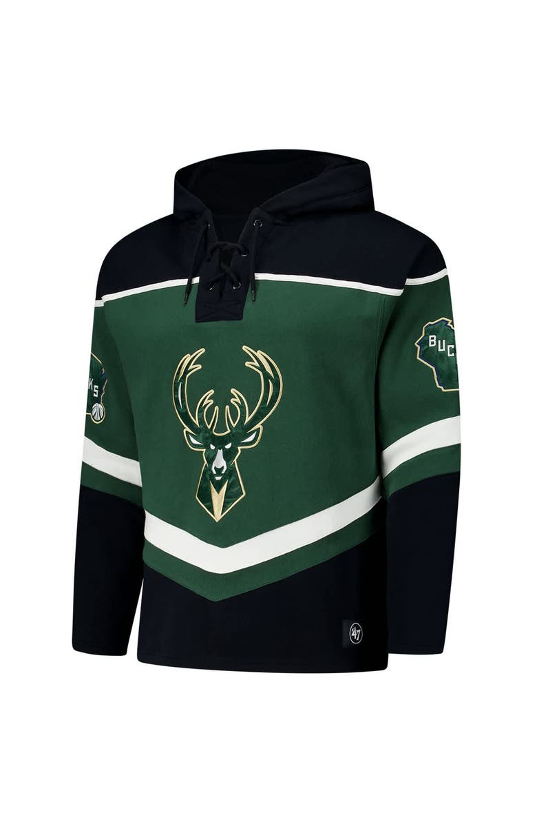 '47 Men's '47 Hunter Green Milwaukee Bucks Oversized Tri-Satin Layup Lacer Pullover Hoodie, Alternate, color, 