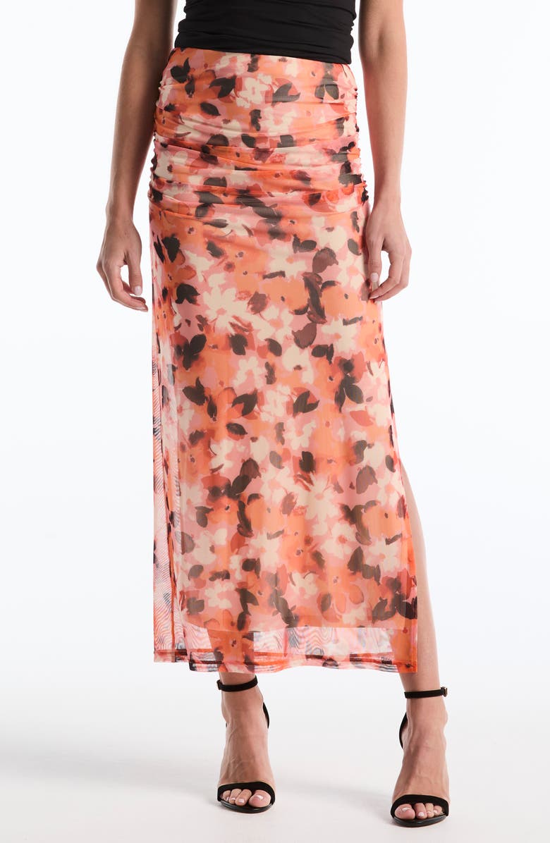 Laundry by Shelli Segal Floral Ruched Midi Mesh Skirt, Main, color, Carrot
